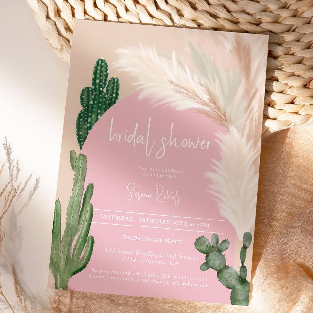 Boho Kactus pampas arch pink Brautparty Einladung (Boho cactus pampas arch pink bridal shower invitation)
