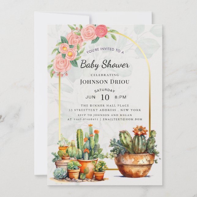 Boho-Kaktus-Baby-Party Einladung (Vorderseite)