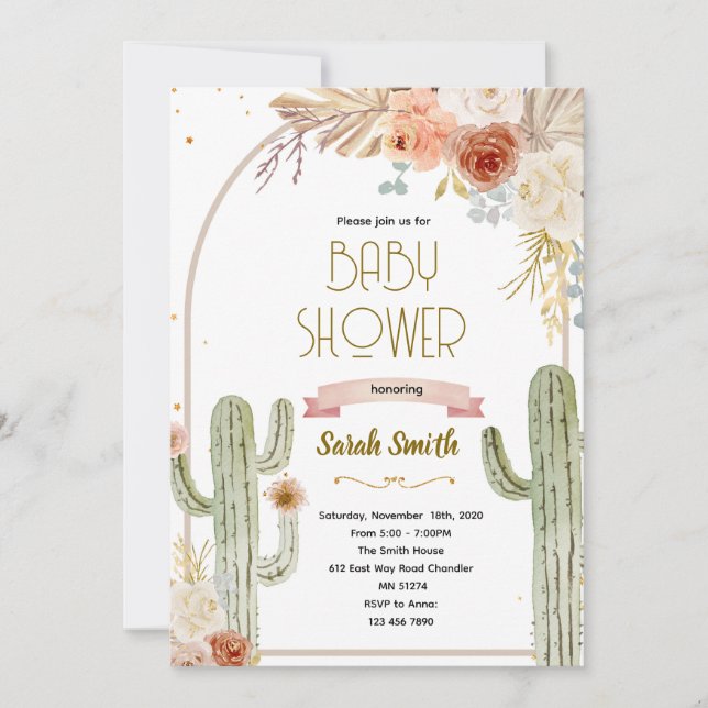 Boho-Kaktus-Baby-Shower-Einladung Einladung (Vorderseite)