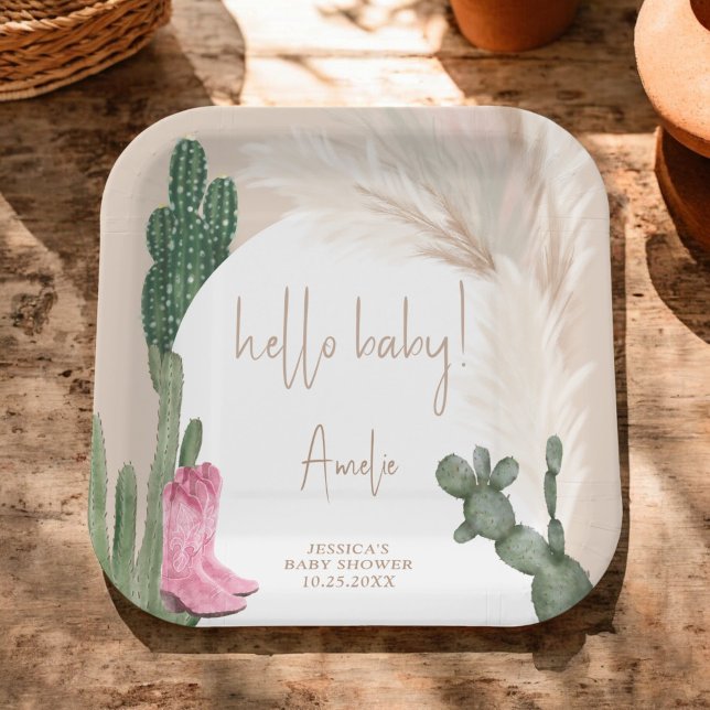 Boho Kaktus Pampas Cowboy Stiefel Hallo Baby Dusch Pappteller (Boho cactus pampas cowboy boots hello baby shower paper plates)