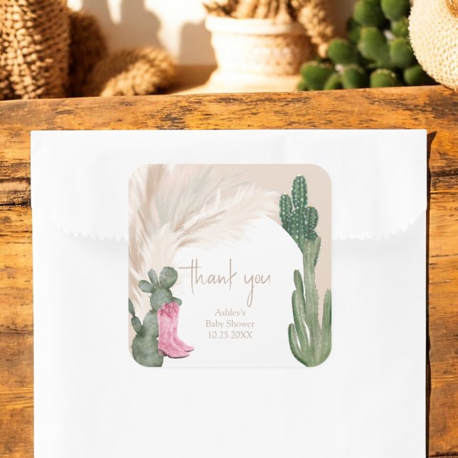 Boho Kaktus Pampas Stiefel Wüstendusche Quadratischer Aufkleber (Boho cactus pampas boots desert baby shower square sticker)