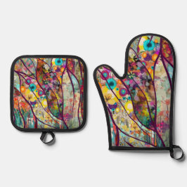 Boho Kaleidoskop - Natur Inspiriert Blumenstrauß - Ofenhandschuh & Topflappen-Set