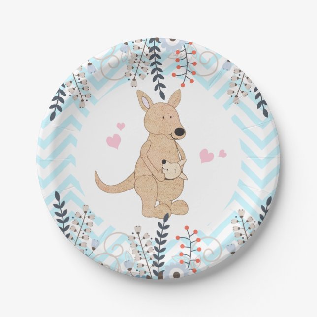 Boho Kangaroo Baby Dusche Blue Zickzack Paper Plat Pappteller (Vorderseite)