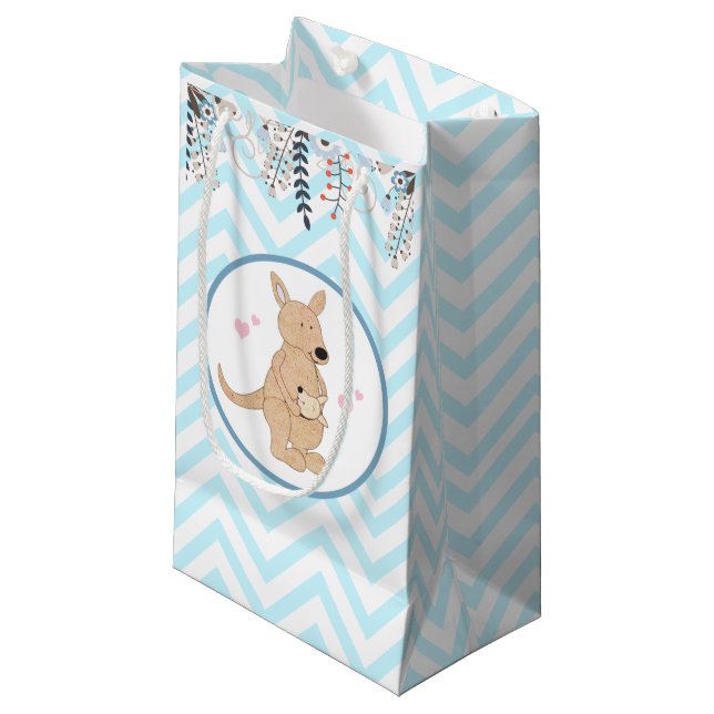 Boho Kangaroo Blue Zickzack Floral Gift Bag Kleine Geschenktüte (Vorderseite Schrägansicht)