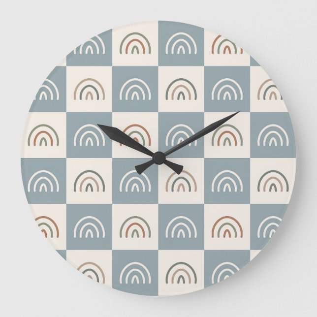 Boho Kariertes Regenbogen Minimalistisches Muster Große Wanduhr (Vorderseite)