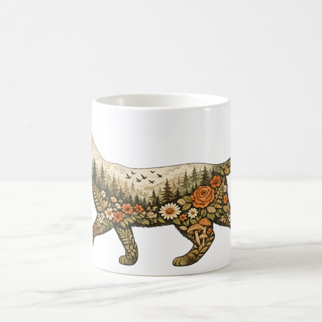 Boho-Katze – Personalisierter Name Florale Katze & Kaffeetasse (Mittel)