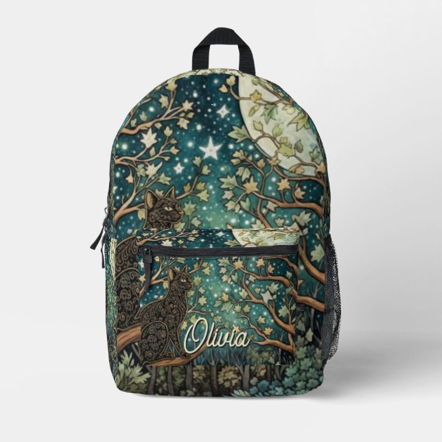 Boho-Katze Sternenhimmel Waldlandschaft Bedruckter Rucksack (Vorderseite)