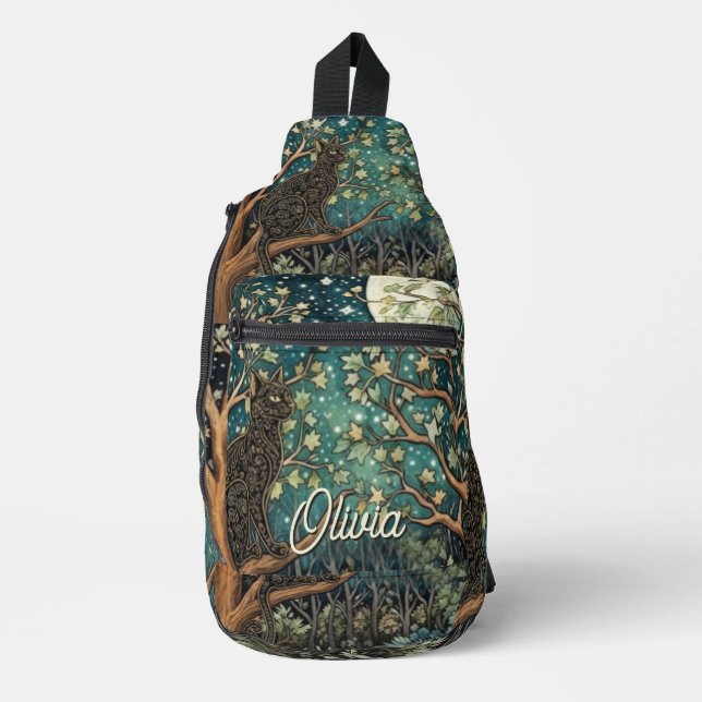 Boho-Katze Sternenhimmel Waldlandschaft Crossbody Bag (Vorderseite)
