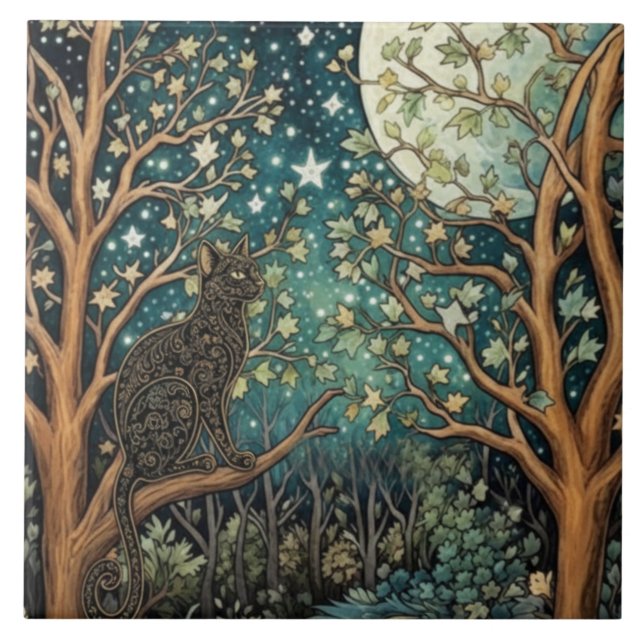 Boho-Katze Sternenhimmel Waldlandschaft Fliese (Vorderseite)
