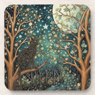 Boho-Katze Sternenhimmel Waldlandschaft Getränkeuntersetzer