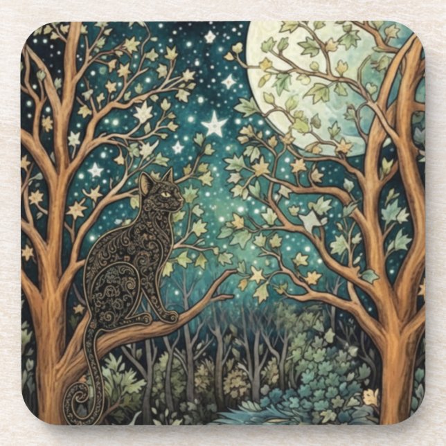 Boho-Katze Sternenhimmel Waldlandschaft Getränkeuntersetzer (Vorderseite)