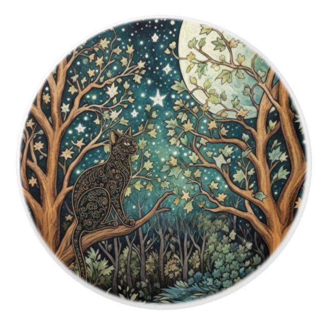 Boho-Katze Sternenhimmel Waldlandschaft Keramikknauf (Vorderseite)