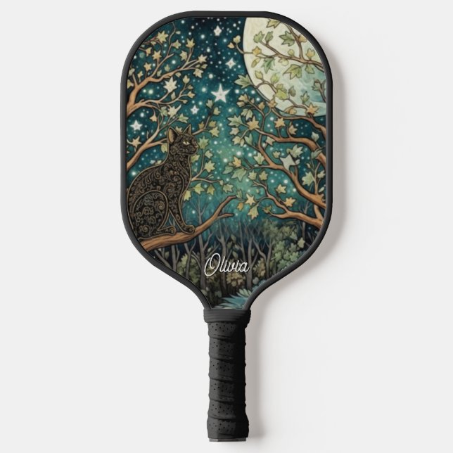 Boho-Katze Sternenhimmel Waldlandschaft Pickleball Schläger (Vorderseite)