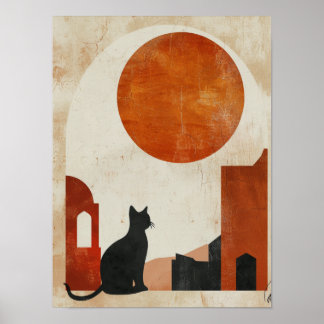 Boho-Katzen-Silhouette | Abstrakte Sonne Minimalis Poster