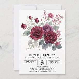 Boho Kids' Burgundy Floral Geburtstag Einladung