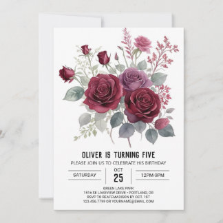 Boho Kids' Burgundy Floral Geburtstag Einladung
