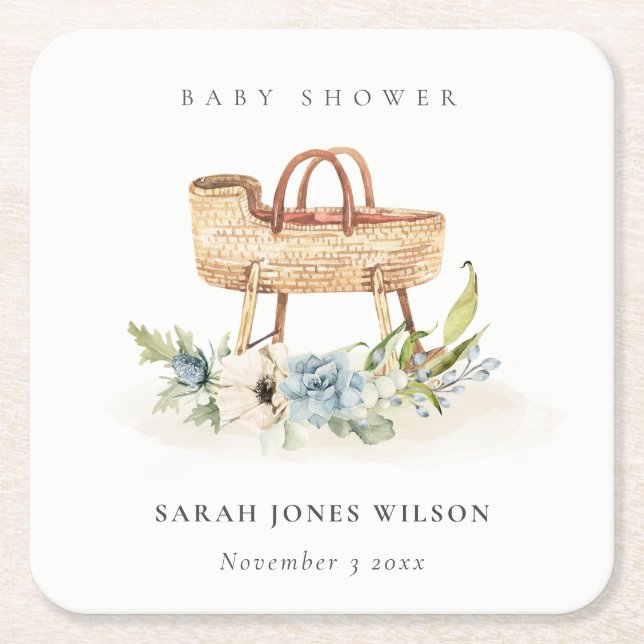 Boho Kinderzimmer Blue Floral Bassinet Baby Dusche Rechteckiger Pappuntersetzer (Vorderseite)