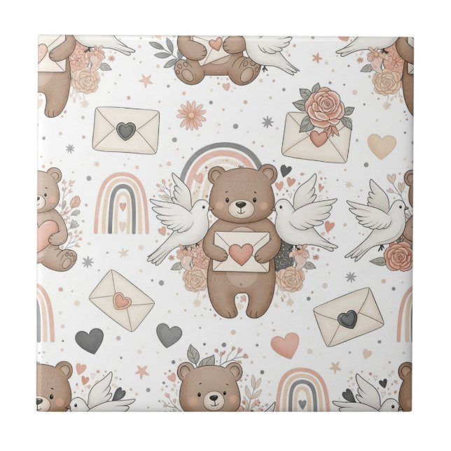 Boho-Kinderzimmer-Teddybären mit Regenbögen - Erdi Fliese (Vorderseite)