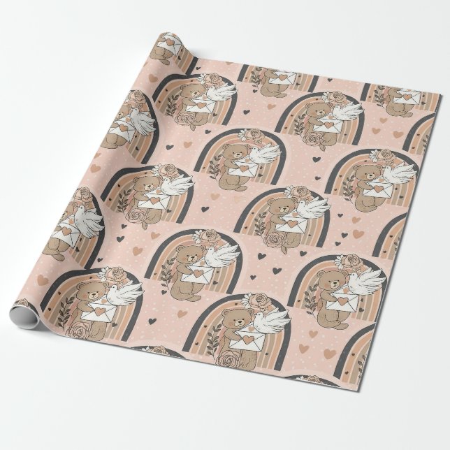 Boho-Kinderzimmer-Teddybären mit Regenbögen - Erdi Geschenkpapier (Ungerollt)