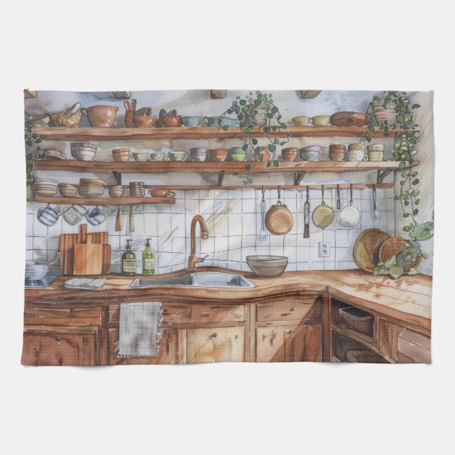 Boho-Kücheninterieur-Wasserfarbe mit offenen Regal Geschirrtuch (Horizontal)