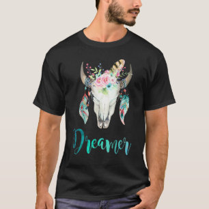 Boho-Kuh-Schädel-Blumen und Feder T-Shirt