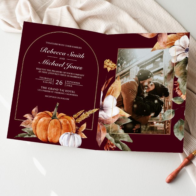 Boho-Kürbis-Foto-QR-Code-Burgunder-Hochzeit Einladung (Von Creator hochgeladen)