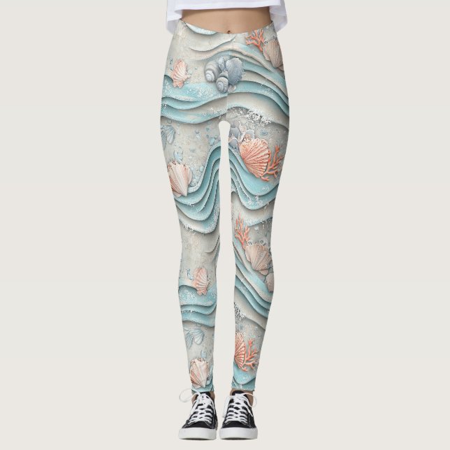 Boho-Küsten-Muschel-Muster Leggings (Vorderseite)