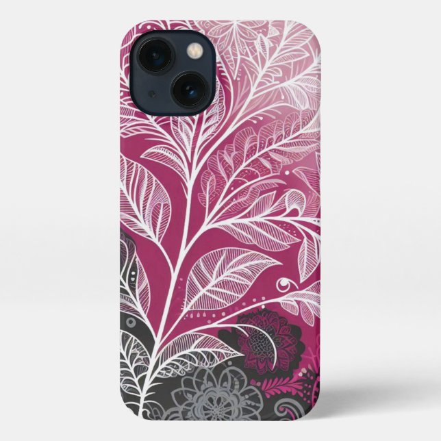 Boho Lacy Leaf Design Pink, Black and White iPhone Hülle (Rückseite)