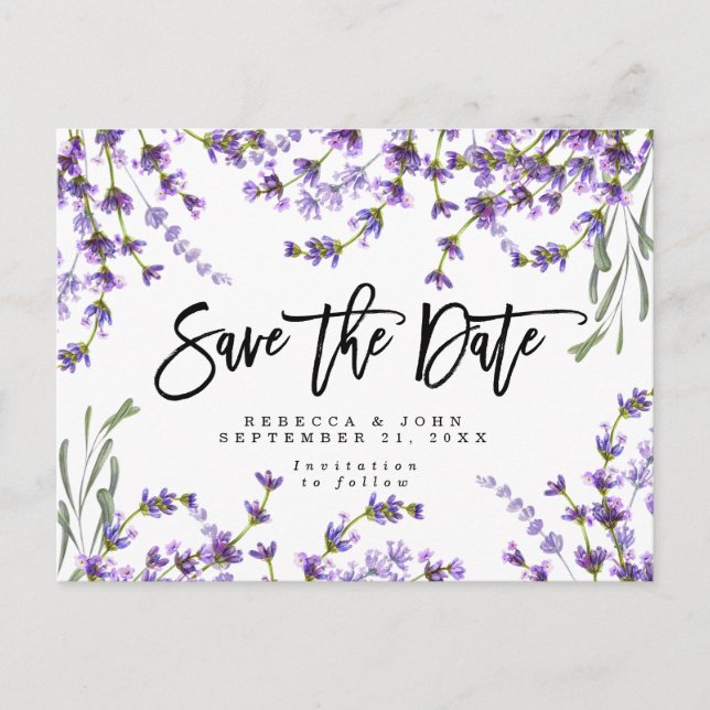 boho Lavendel mit Blumen Save the Date wedding Ankündigungspostkarte (Vorderseite)
