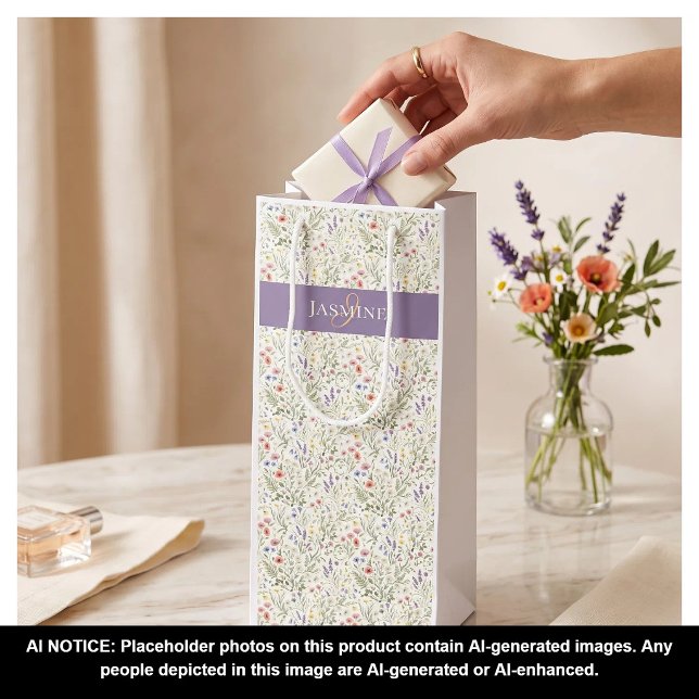 Boho Lavendel Mohn Monogramm Name Wildblume  Geschenktüte Für Weinflaschen (Von Creator hochgeladen)
