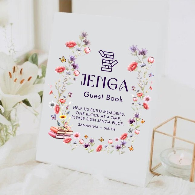Boho-Lavendel-Wildblumen-Jenga-Gästebuch Sockelschild (Invite guests to sign a Jenga block and help the couple build their new chapter together.)