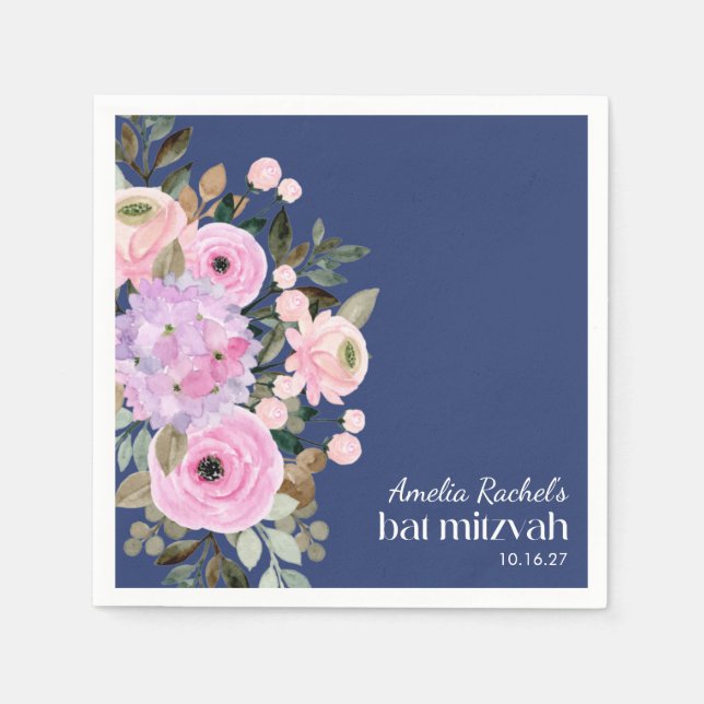 Boho Lavender Blue Floral Watercolor Bat Mitzvah Serviette (Vorderseite)