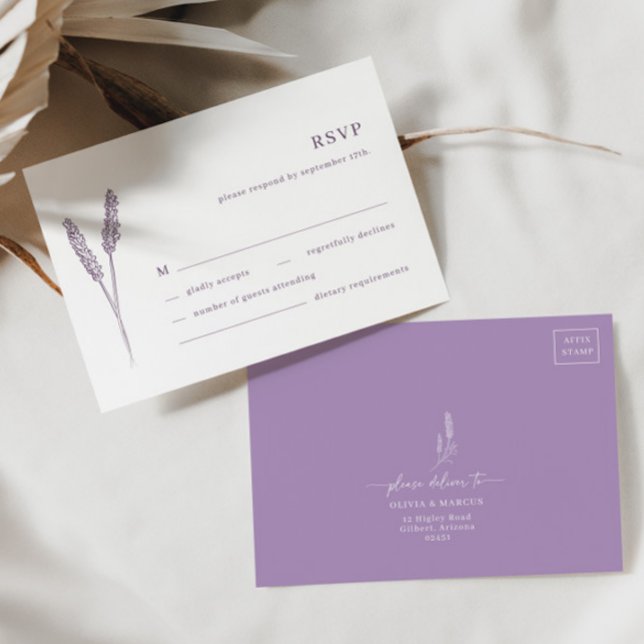 Boho Lavender Floral Minimalistisch Wedding RSVP C Karte (RSVP Card Front/Back)