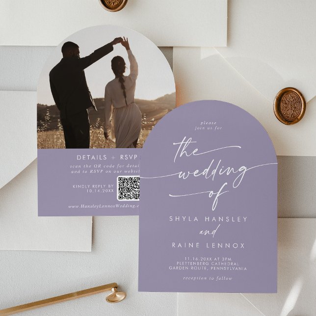 Boho Lavender Lila Foto QR Code Arch Wedding Einladung (Von Creator hochgeladen)