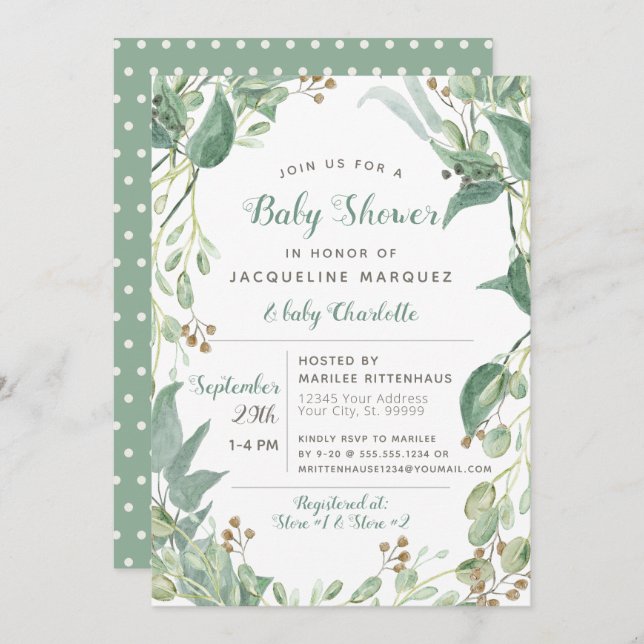 BOHO Leaf Foliage Eukalyptus Greenery Baby Shower Einladung (Vorne/Hinten)