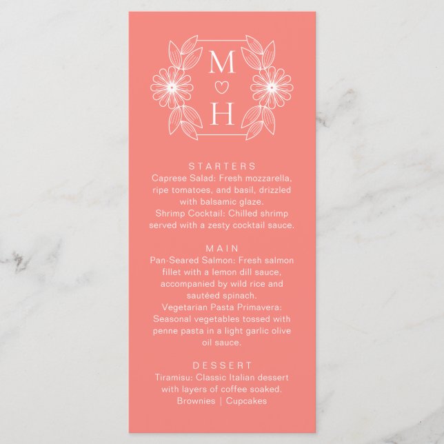 Boho Leaf Monogram Coral Pink Hochzeitsessen Menükarte (Vorderseite)