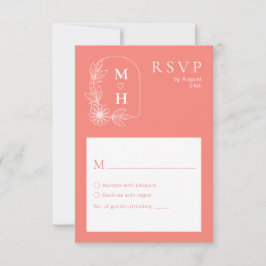 Boho Leaf Monogram Coral Pink Wedding RSVP Karte