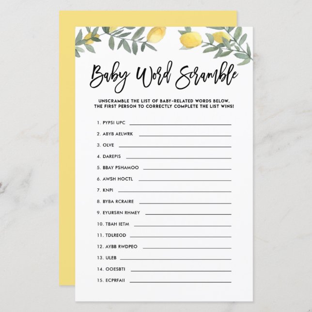 Boho Lemon Baby Word Scramble Baby Showspiel (Vorne/Hinten)