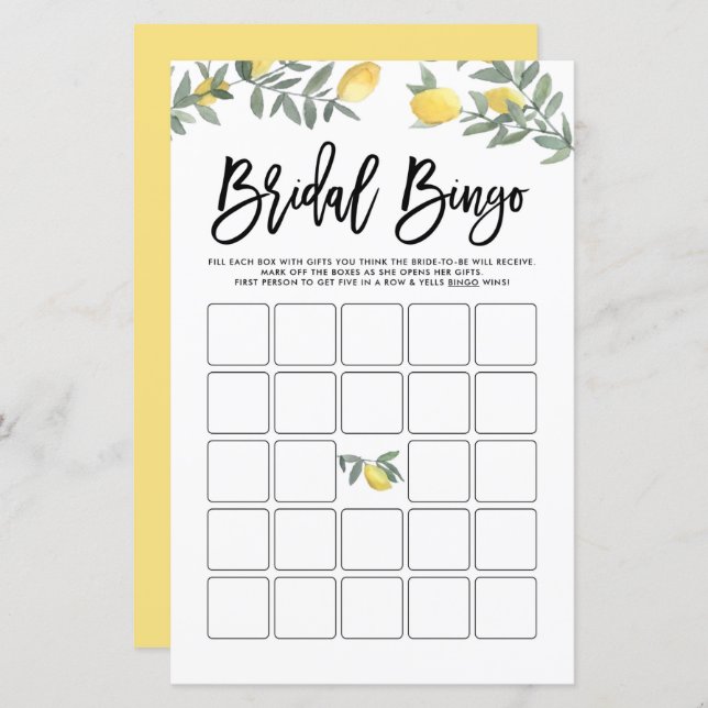 Boho Lemon Summer Brautparty Bingo Game Card (Vorne/Hinten)
