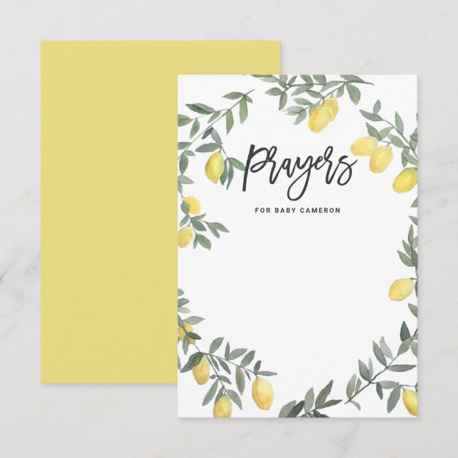 Boho Lemon Wreath Baby Duschkabine Prayers Card Begleitkarte (Vorne/Hinten)