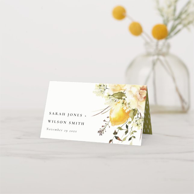 Boho Lemon Yellow Watercolor Floral Wedding Platzkarte (Vorderseite)