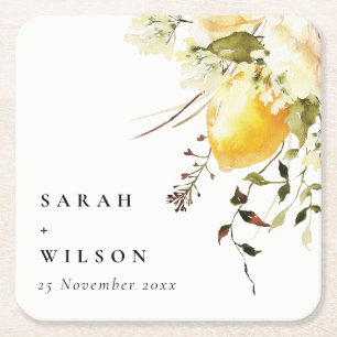 Boho Lemon Yellow Watercolor Floral Wedding Rechteckiger Pappuntersetzer