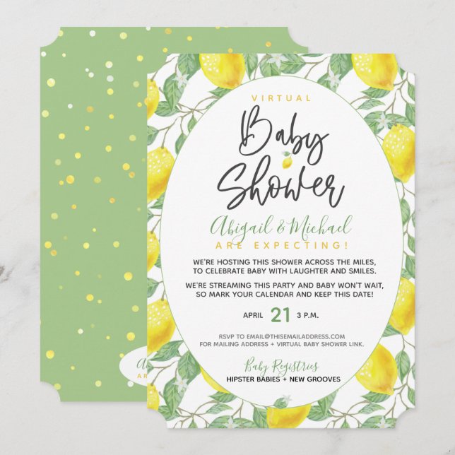 Boho Lemons Gender-Neutral Virtual Baby Shower Einladung (Vorne/Hinten)