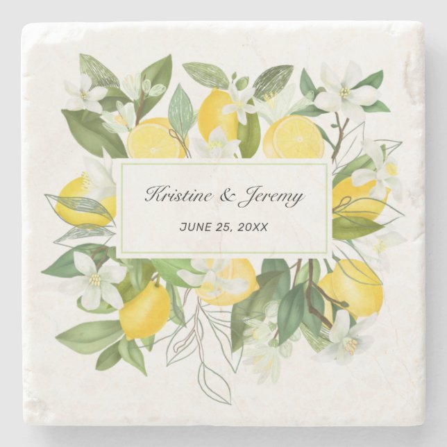 Boho Lemons Watercolor Botanische Grüne Hochzeit Steinuntersetzer (Vorderseite)