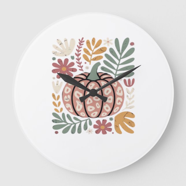 Boho Leopard Kürbis Herbst � Retro Herbst Floral H Große Wanduhr (Vorderseite)