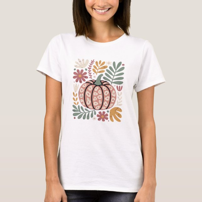 Boho Leopard Pumpkin Fall � Retro Autumn Floral Ha T-Shirt (Vorderseite)