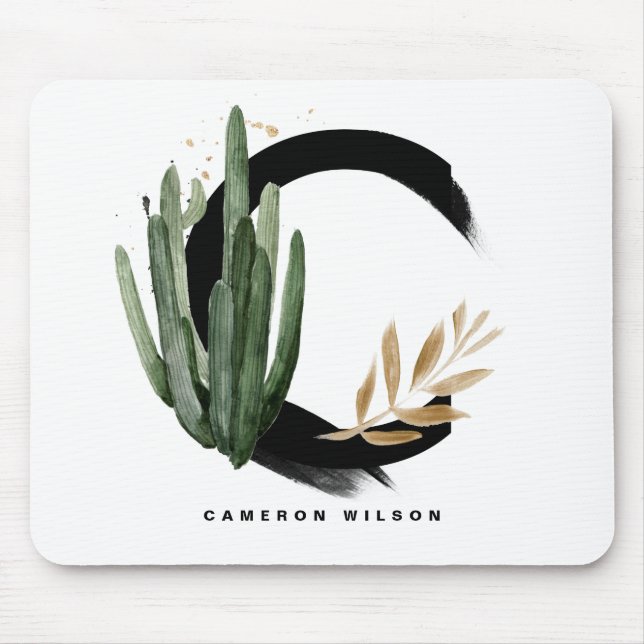 Boho Letter C Monogram Watercolor Tropical Cactus Mousepad (Vorne)
