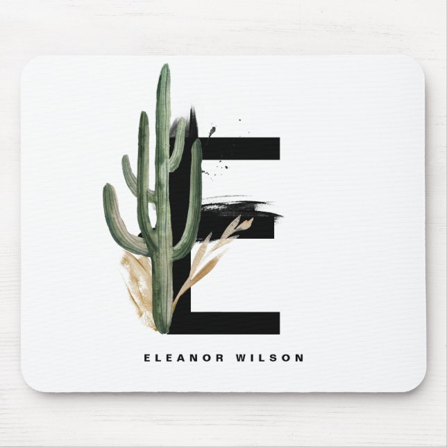Boho Letter E Monogram | Tropisches Kaktus-Monogra Mousepad (Vorne)