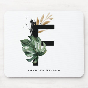 Boho Letter F Monogram Tropical Leaves Monogram Mousepad