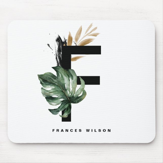 Boho Letter F Monogram | Tropical Leaves Monogram Mousepad (Vorne)
